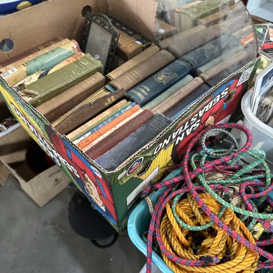 Box of old books, mirror, picture frame, rope etc.