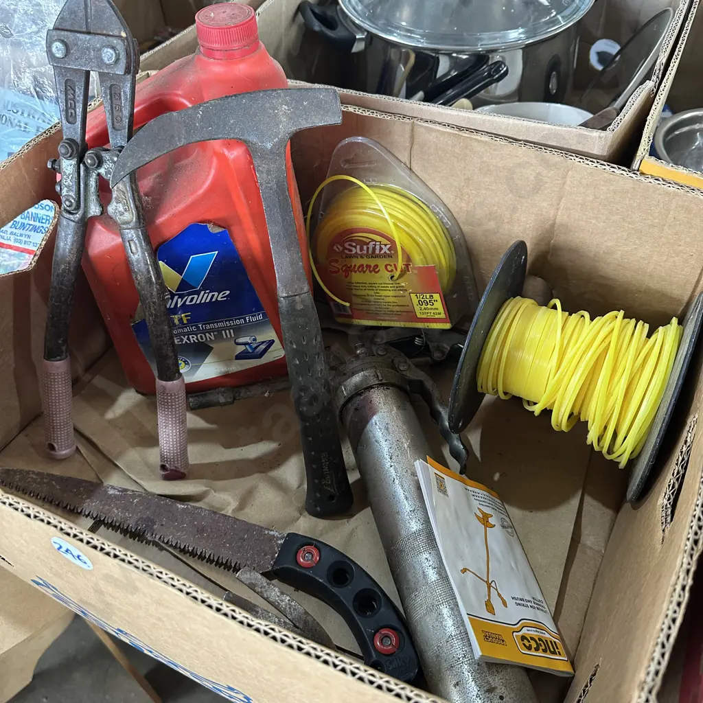 Transmission fluid, Greece gun, bolt cutters, Estwing hammer etc. Image 1++