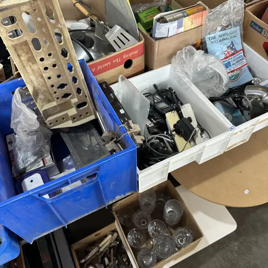 Three bins including camera, freeview satbox, lathe chuck etc.