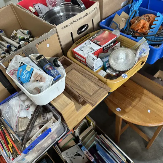Large lot, paints, light bulbs, wooden box and Bronze slotted woodscrews etc.