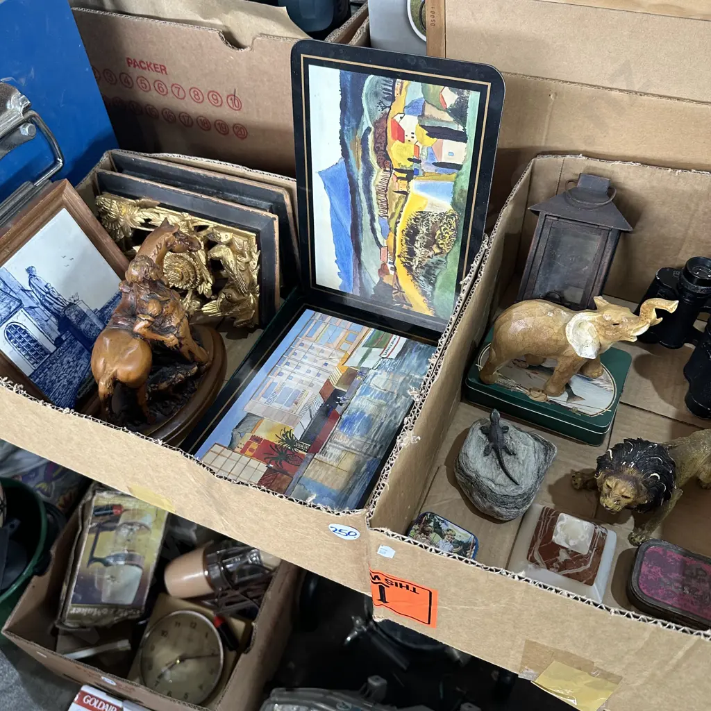 Two boxes binoculars, placemats, elephant ornament etc. Image 1++