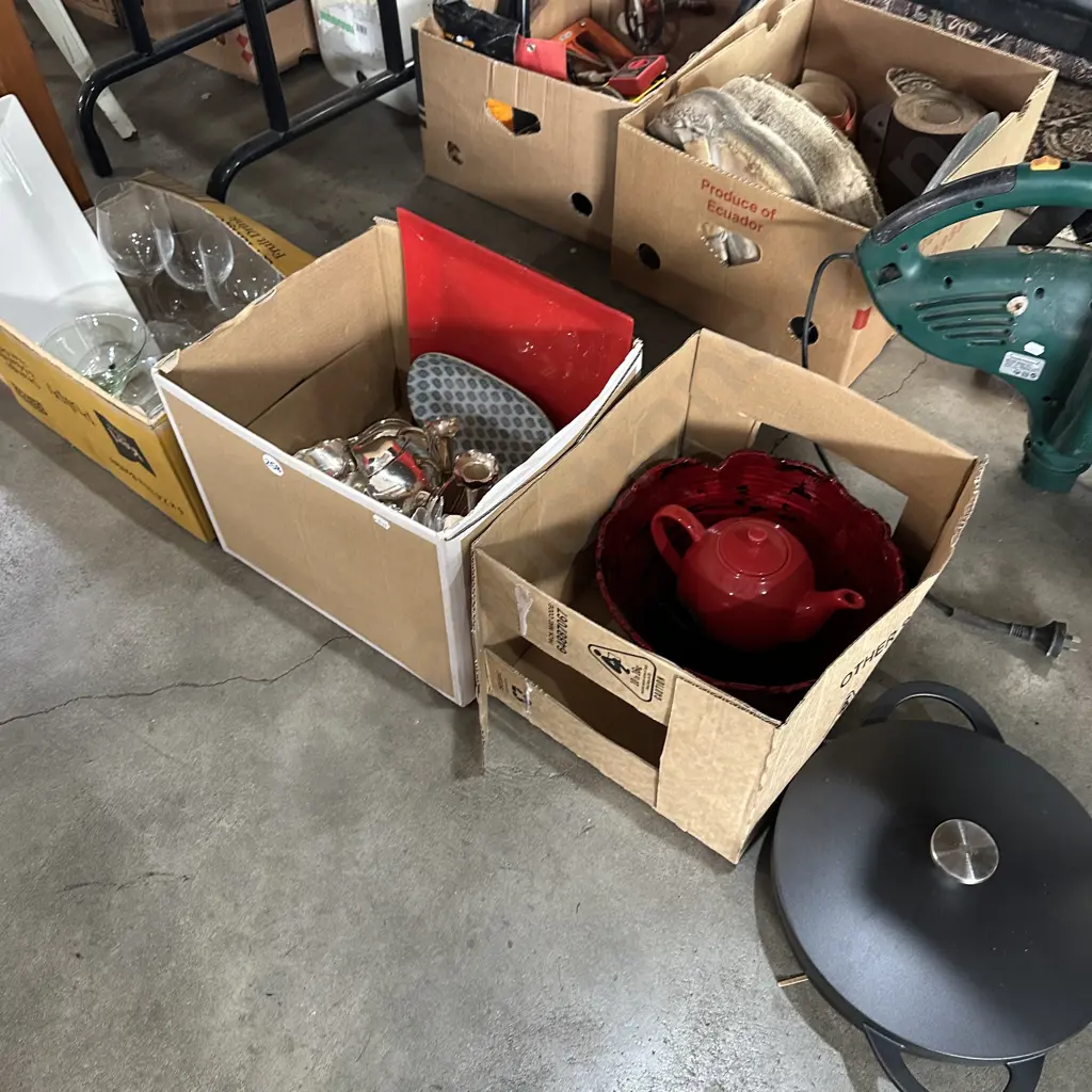 Three boxes silverware, glasses, non-stick lidded pan, servers etc. Image 1++