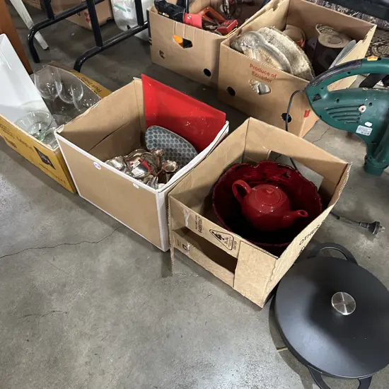 Three boxes silverware, glasses, non-stick lidded pan, servers etc.